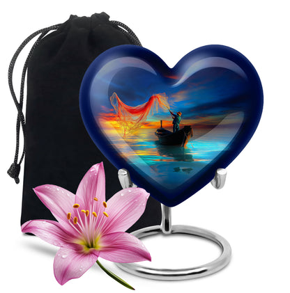 Twilight Blue Fishing Cremation Urn detail view - compassionate heart-fishing combination with gentle curves - full-size 10 inch 200 cubic inch adult cremation urn