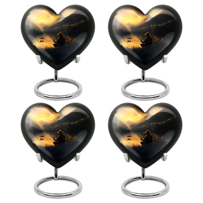 Royal Gold Fishing Cremation Urn angled view of lid and engraved motif - compassionate heart-fishing combination with gentle curves - 10 inch aluminum urn for cremated remains