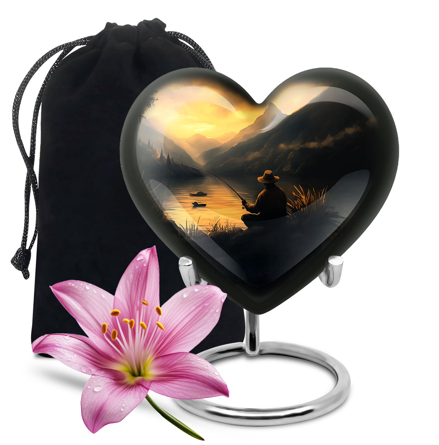 Champagne Gold Fishing Cremation Urn detail view - heart-shaped fishing design symbolizing eternal love - full-size 10 inch 200 cubic inch adult cremation urn