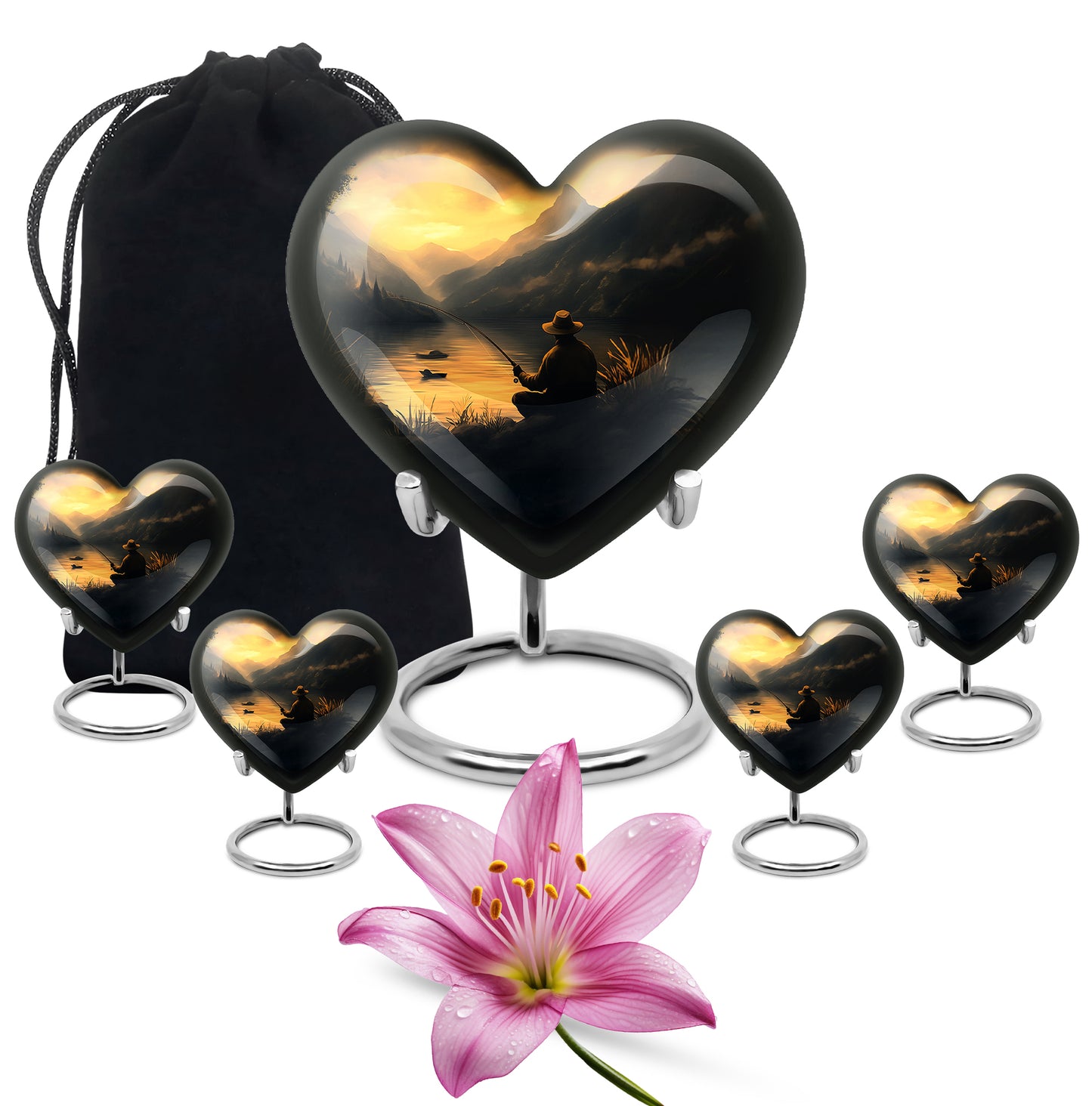 Amber Gold Fishing Cremation Urn close-up of engraving and surface detail - heart-shaped fishing design symbolizing eternal love - memorial set with one large and four small urns