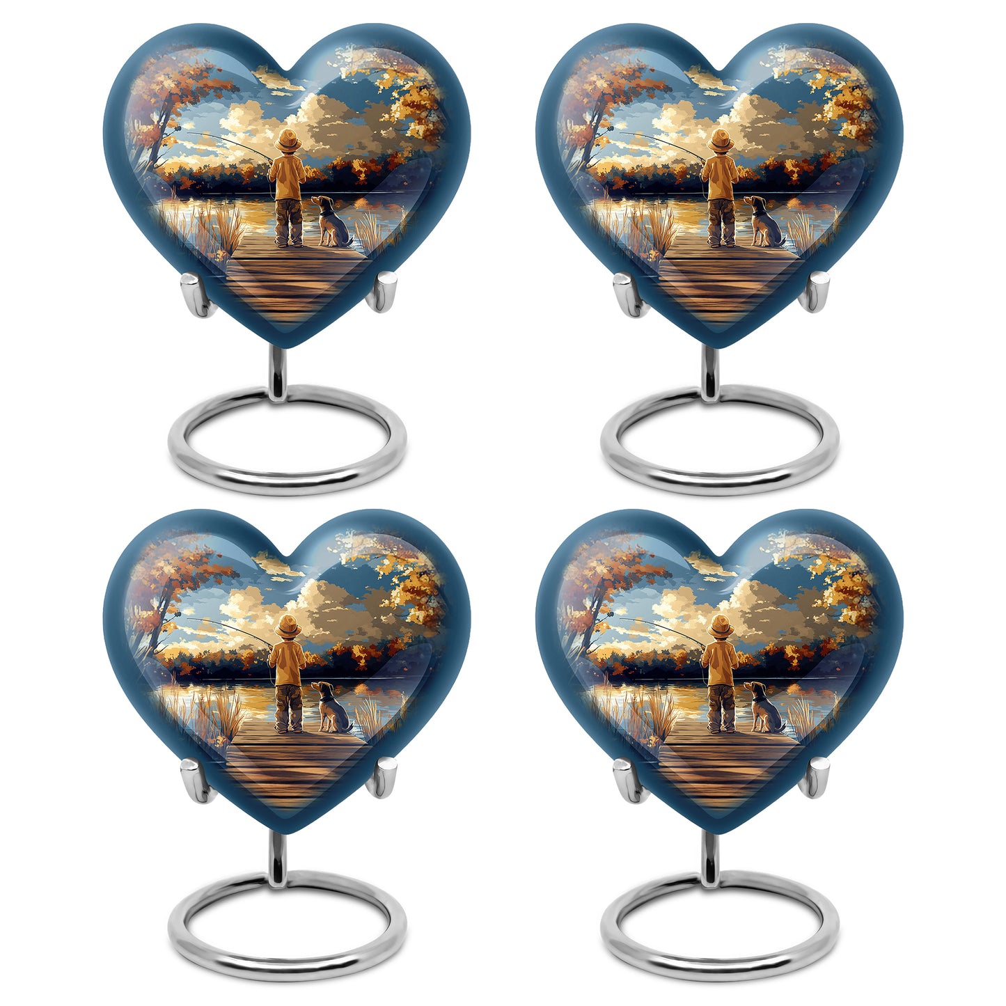 Icy Blue Fishing Cremation Urn angled view of lid and engraved motif - loving heart memorial featuring fishing pattern - 10 inch aluminum urn for cremated remains