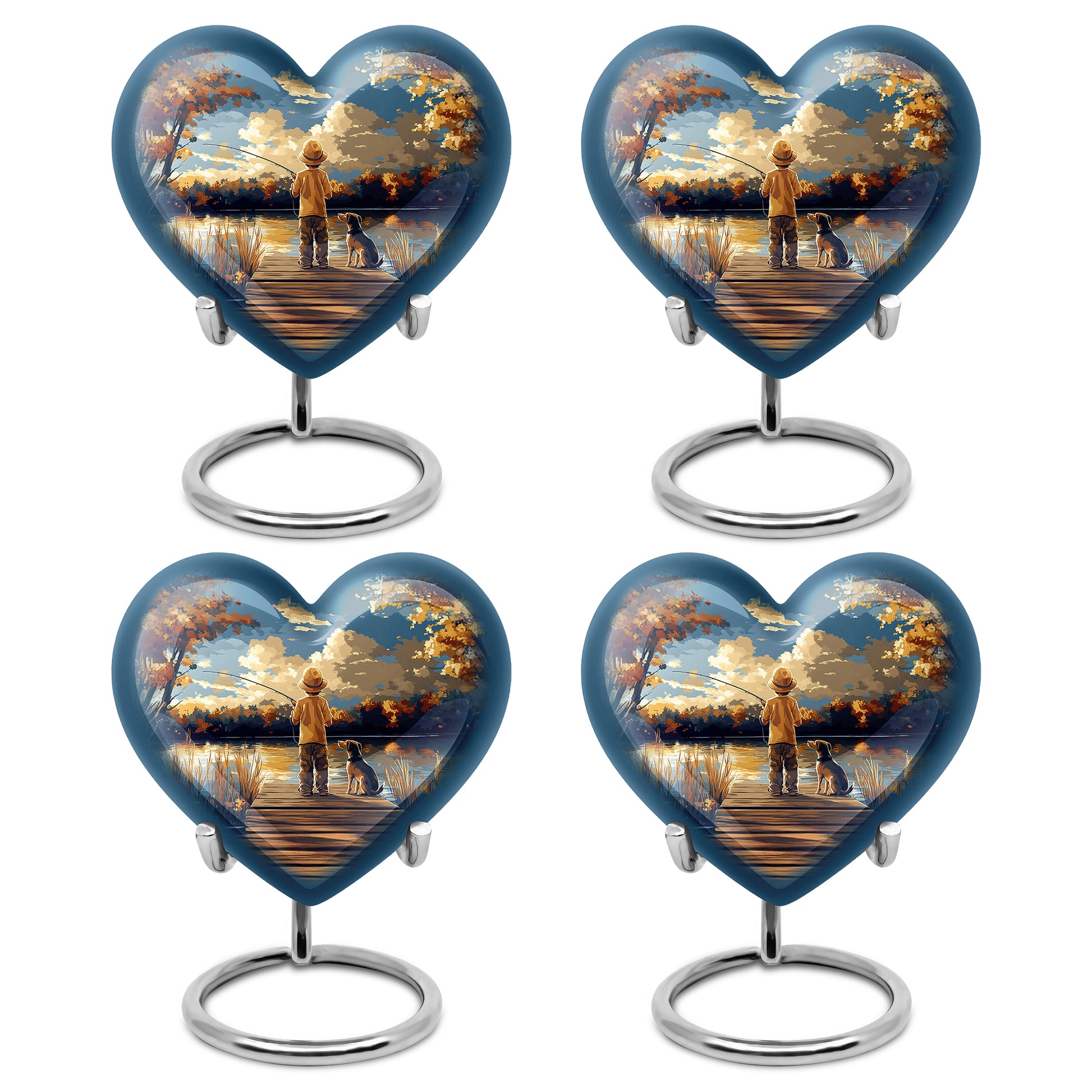Icy Blue Fishing Cremation Urn angled view of lid and engraved motif - loving heart memorial featuring fishing pattern - 10 inch aluminum urn for cremated remains