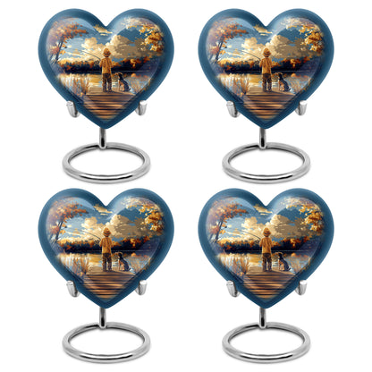 Icy Blue Fishing Cremation Urn angled view of lid and engraved motif - loving heart memorial featuring fishing pattern - 10 inch aluminum urn for cremated remains