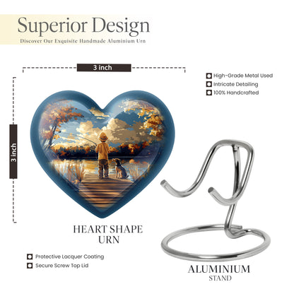 Serene Blue Fishing Cremation Urn front view showing detailed design - romantic heart urn with fishing motif on aluminum - mini keepsake memorial for portion of cremation ashes