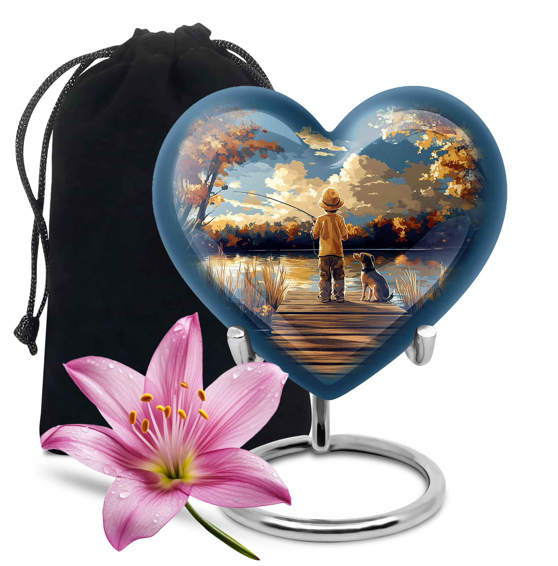 Cornflower Blue Fishing Cremation Urn detail view - compassionate heart-fishing combination with gentle curves - full-size 10 inch 200 cubic inch adult cremation urn