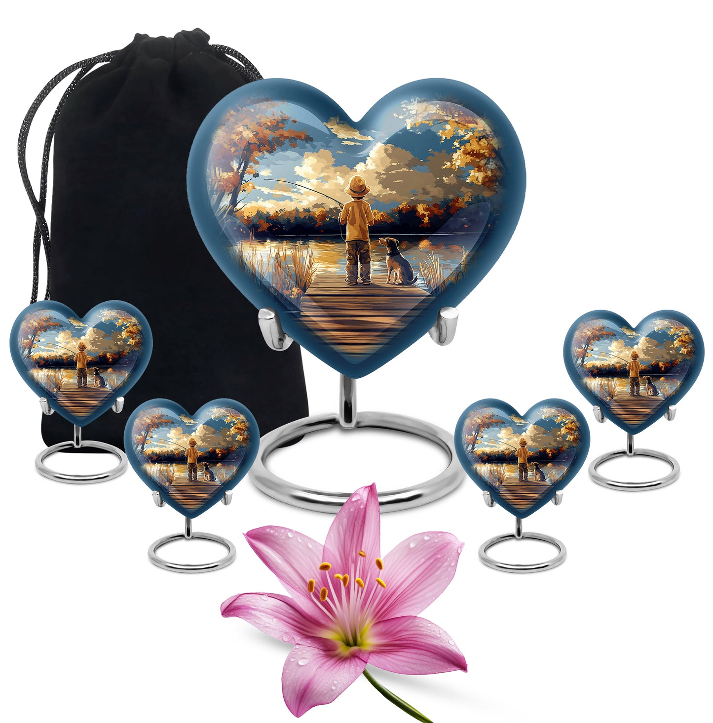 Dusty Blue Fishing Cremation Urn close-up of engraving and surface detail - heart-shaped fishing design symbolizing eternal love - memorial set with one large and four small urns
