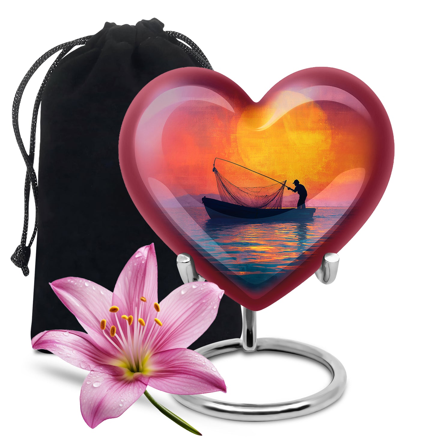 Blush Pink Fishing Cremation Urn detail view - heart-shaped fishing design symbolizing eternal love - full-size 10 inch 200 cubic inch adult cremation urn