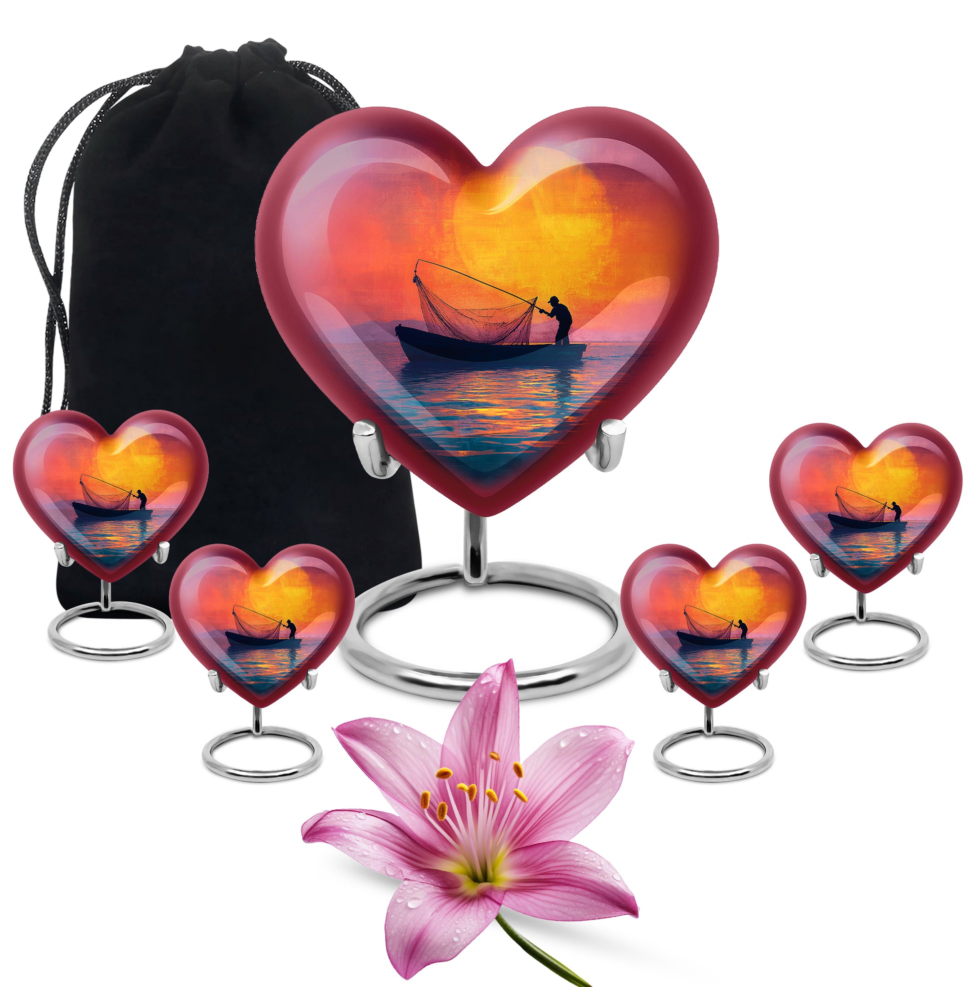 Coral Pink Fishing Cremation Urn close-up of engraving and surface detail - loving heart memorial featuring fishing pattern - memorial set with one large and four small urns