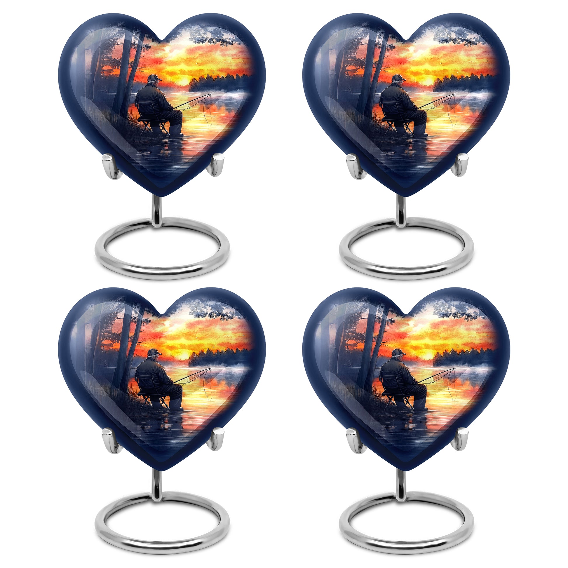 Vivid Blue Fishing Cremation Urn angled view of lid and engraved motif - compassionate heart-fishing combination with gentle curves - 10 inch aluminum urn for cremated remains