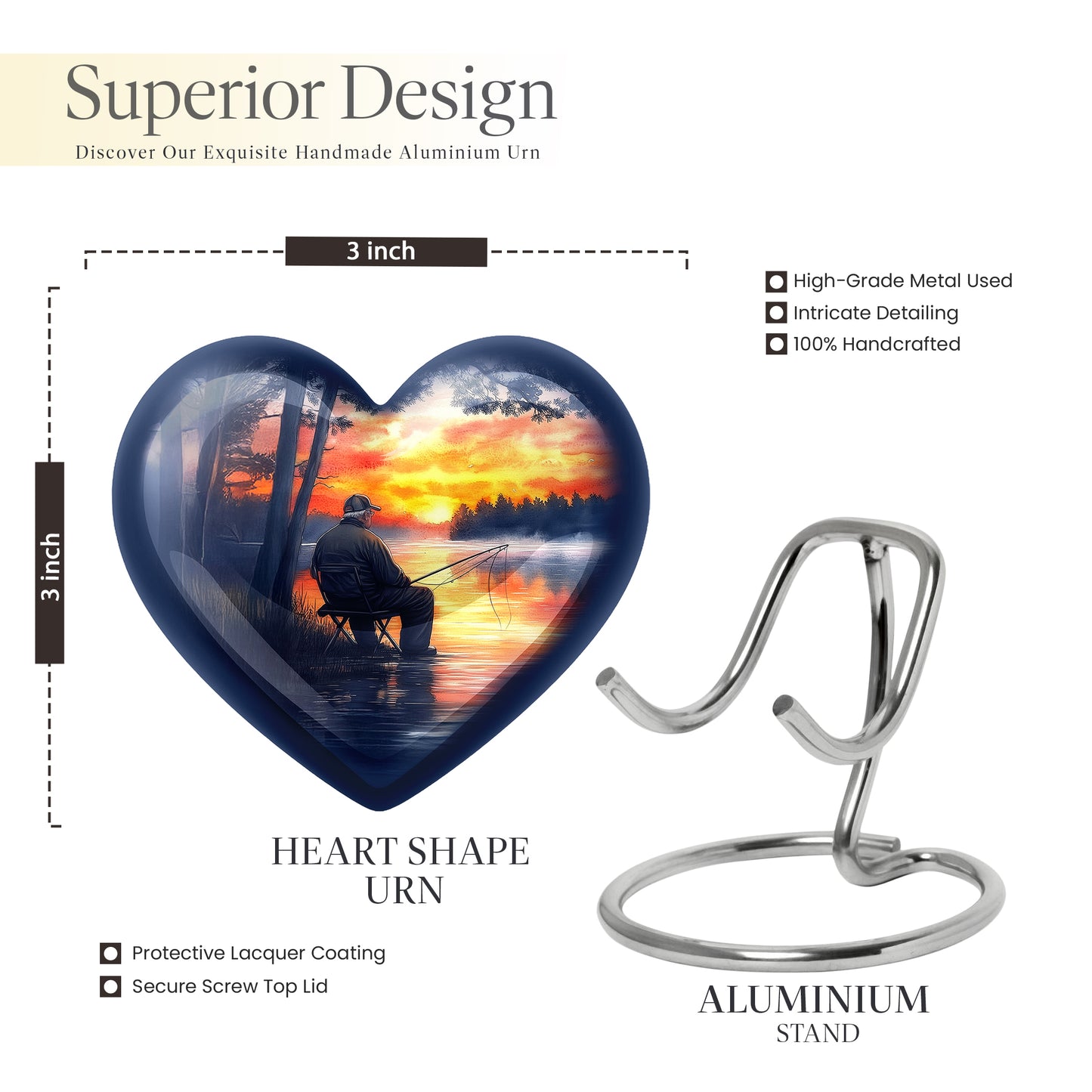 Bright Blue Fishing Cremation Urn front view showing detailed design - romantic heart urn with fishing motif on aluminum - mini keepsake memorial for portion of cremation ashes
