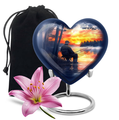 Pastel Blue Fishing Cremation Urn detail view - heart-shaped fishing design symbolizing eternal love - full-size 10 inch 200 cubic inch adult cremation urn