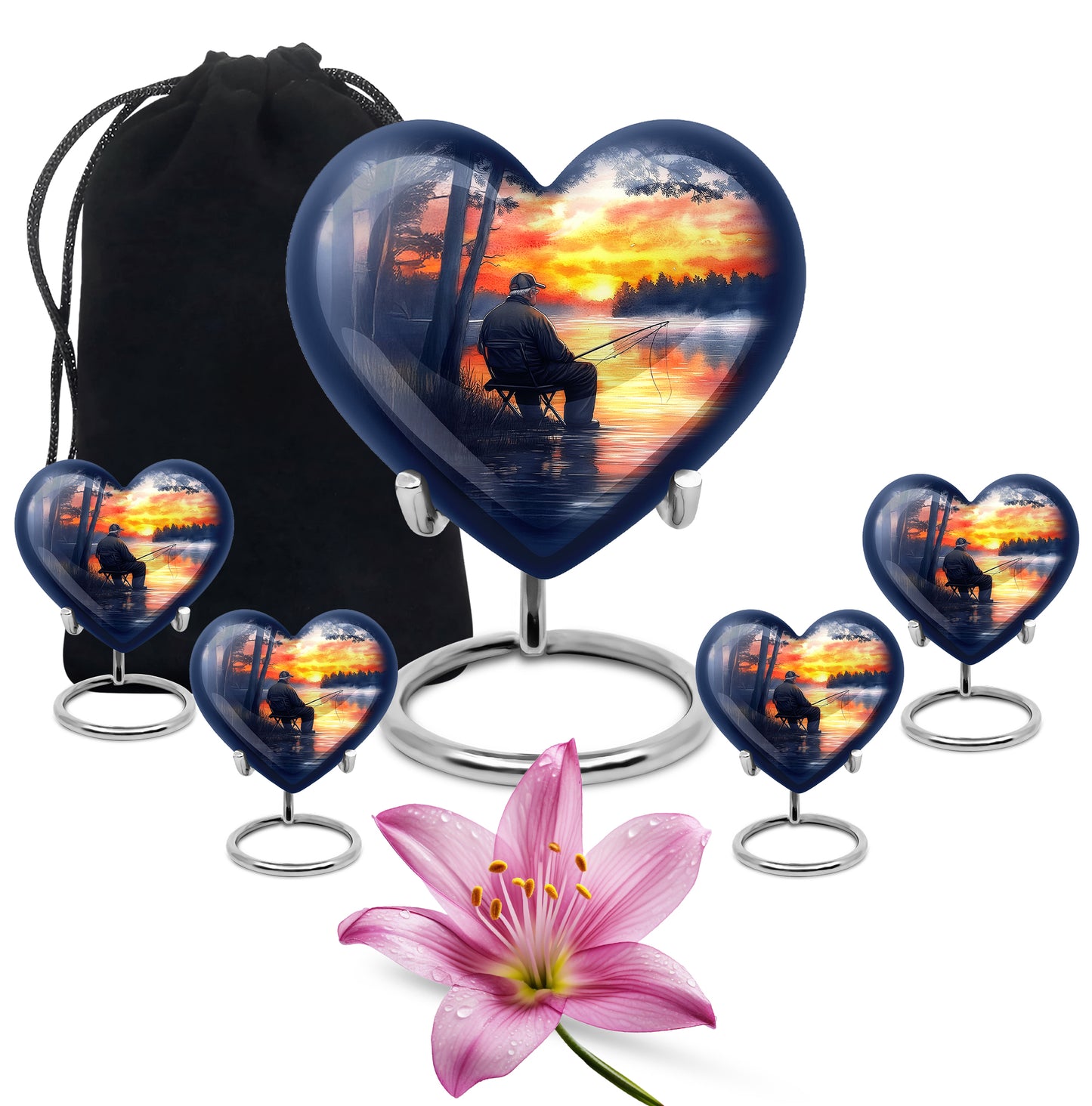 Indigo Fishing Cremation Urn close-up of engraving and surface detail - heart-shaped fishing design symbolizing eternal love - memorial set with one large and four small urns