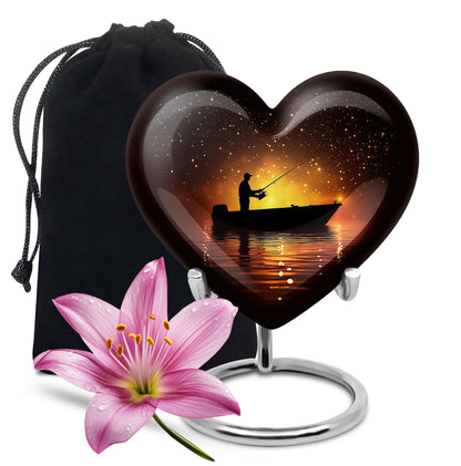 Wine Red Fishing Cremation Urn detail view - loving heart memorial featuring fishing pattern - full-size 10 inch 200 cubic inch adult cremation urn