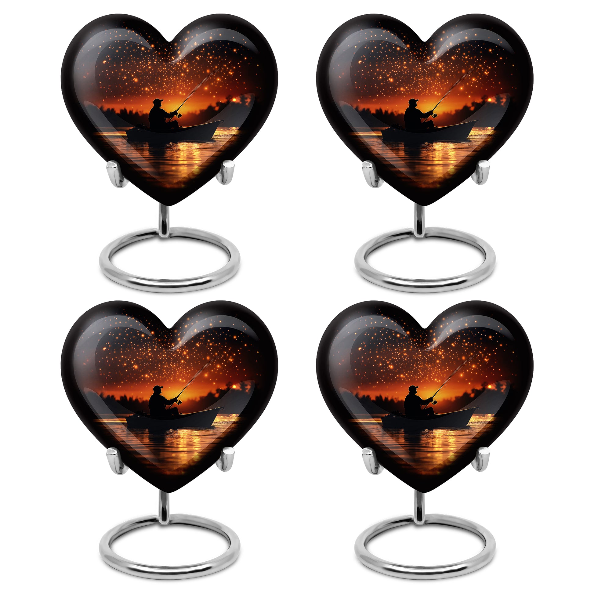 Dark Black Fishing Cremation Urn angled view of lid and engraved motif - compassionate heart-fishing combination with gentle curves - 10 inch aluminum urn for cremated remains