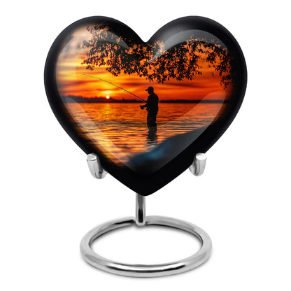 Inspiring Black Fishing Blessing Urn for Human Ashes - 10-inch, 200 cu in - Yatskia