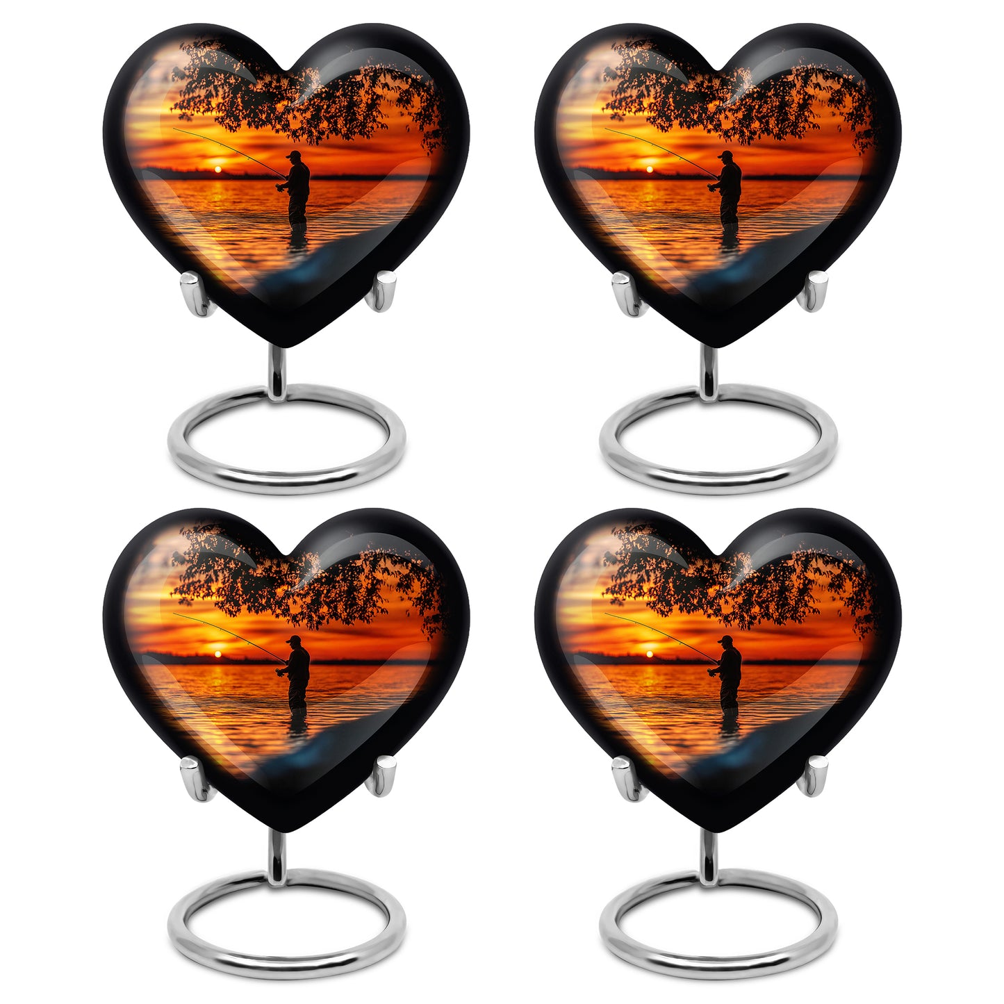 Dark Black Fishing Cremation Urn angled view of lid and engraved motif - compassionate heart-fishing combination with gentle curves - 10 inch aluminum urn for cremated remains