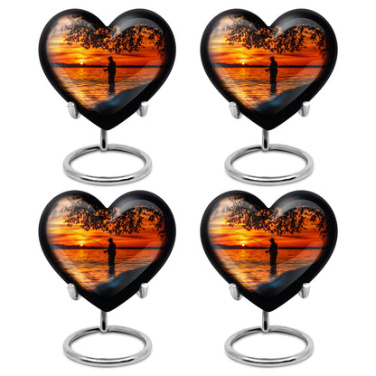 Dark Black Fishing Cremation Urn angled view of lid and engraved motif - compassionate heart-fishing combination with gentle curves - 10 inch aluminum urn for cremated remains