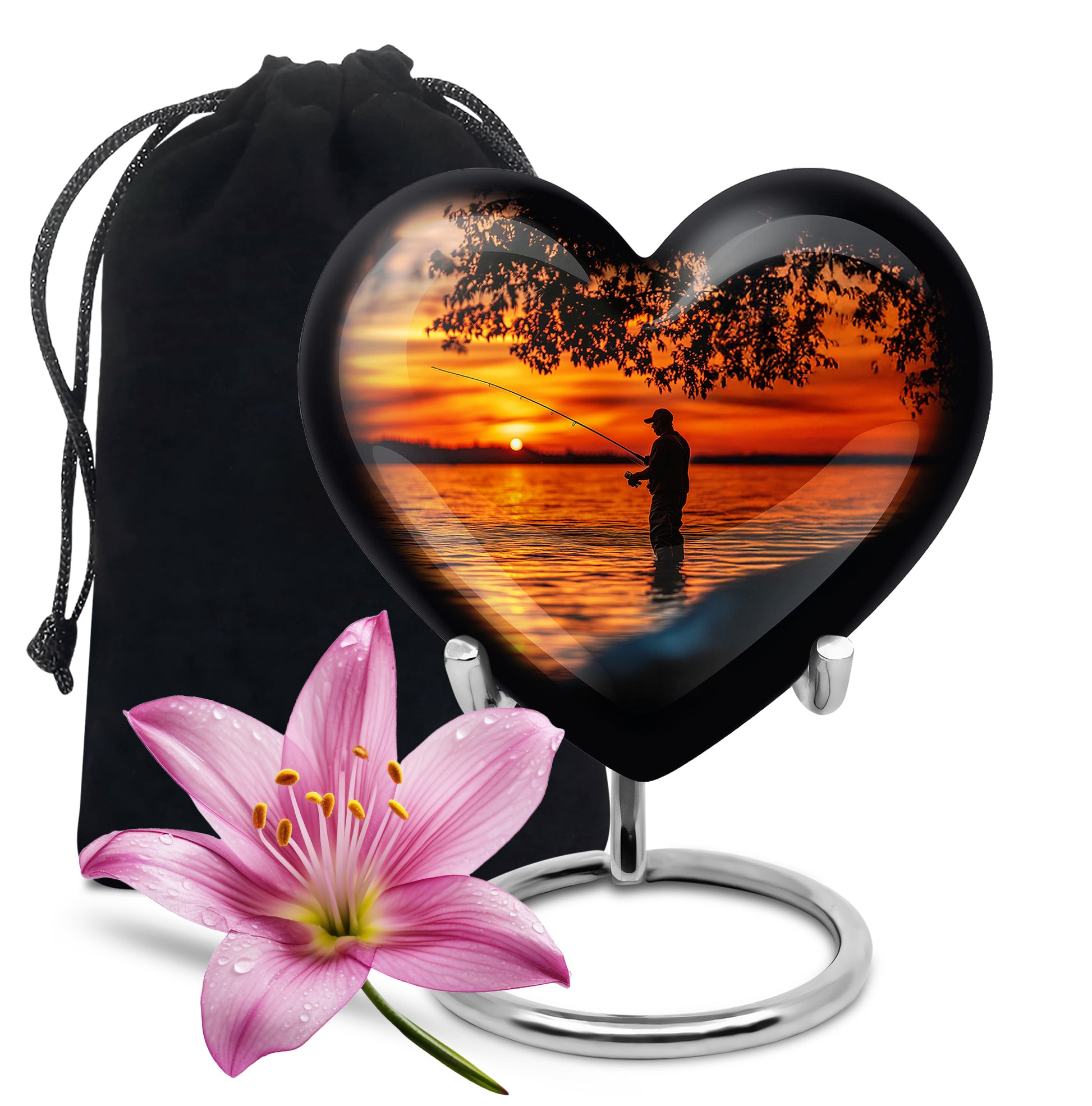 Onyx Black Fishing Cremation Urn detail view - romantic heart urn with fishing motif on aluminum - full-size 10 inch 200 cubic inch adult cremation urn
