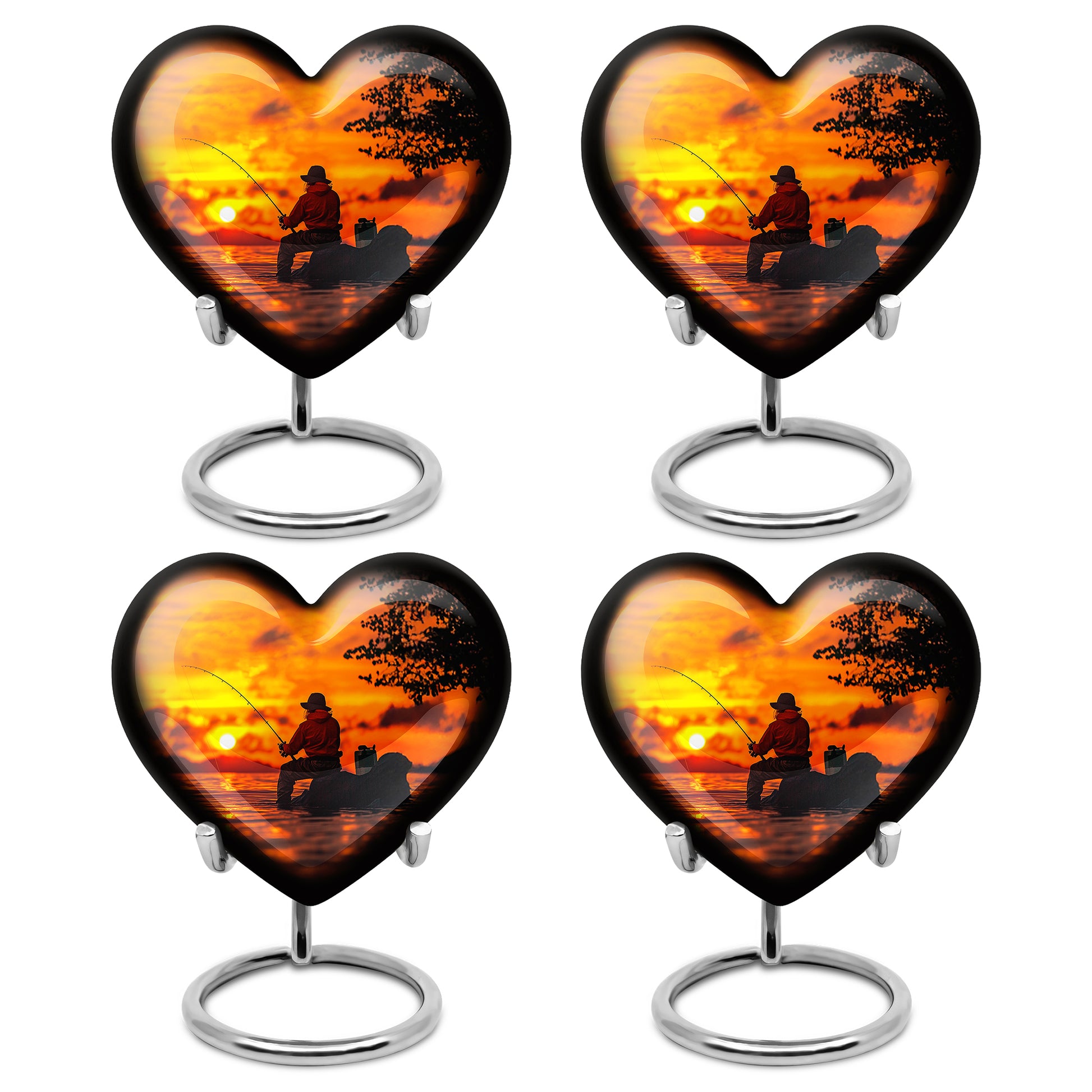 Antique Gold Fishing Cremation Urn angled view of lid and engraved motif - heart-shaped fishing design symbolizing eternal love - 10 inch aluminum urn for cremated remains