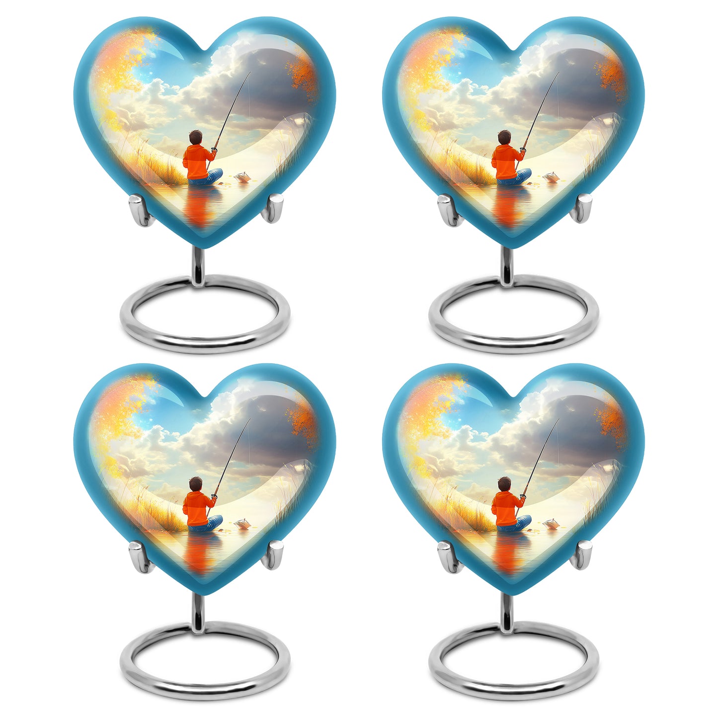 Ocean Teal Fishing Cremation Urn angled view of lid and engraved motif - heart-shaped fishing design symbolizing eternal love - 10 inch aluminum urn for cremated remains