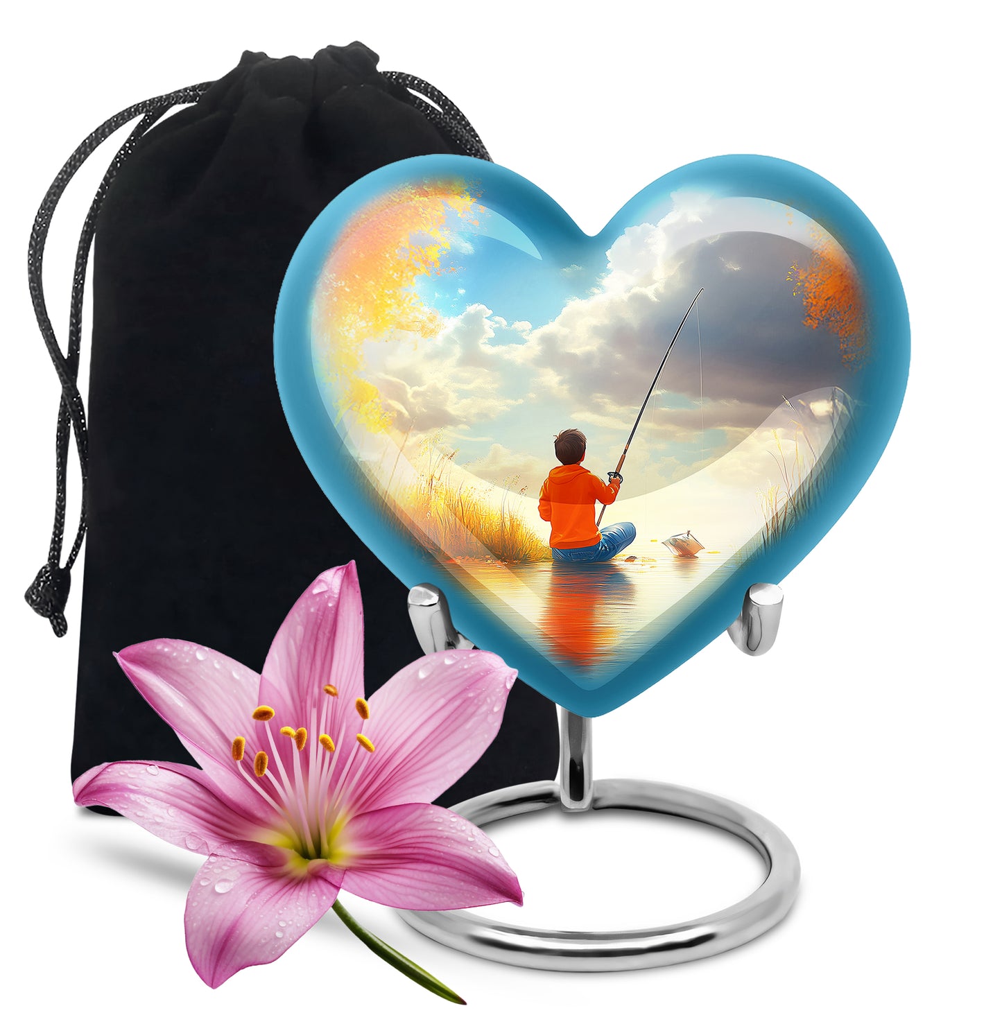 Deep Teal Fishing Cremation Urn detail view - romantic heart urn with fishing motif on aluminum - full-size 10 inch 200 cubic inch adult cremation urn