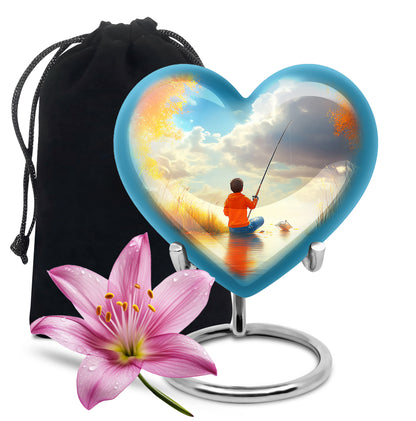 Deep Teal Fishing Cremation Urn detail view - romantic heart urn with fishing motif on aluminum - full-size 10 inch 200 cubic inch adult cremation urn