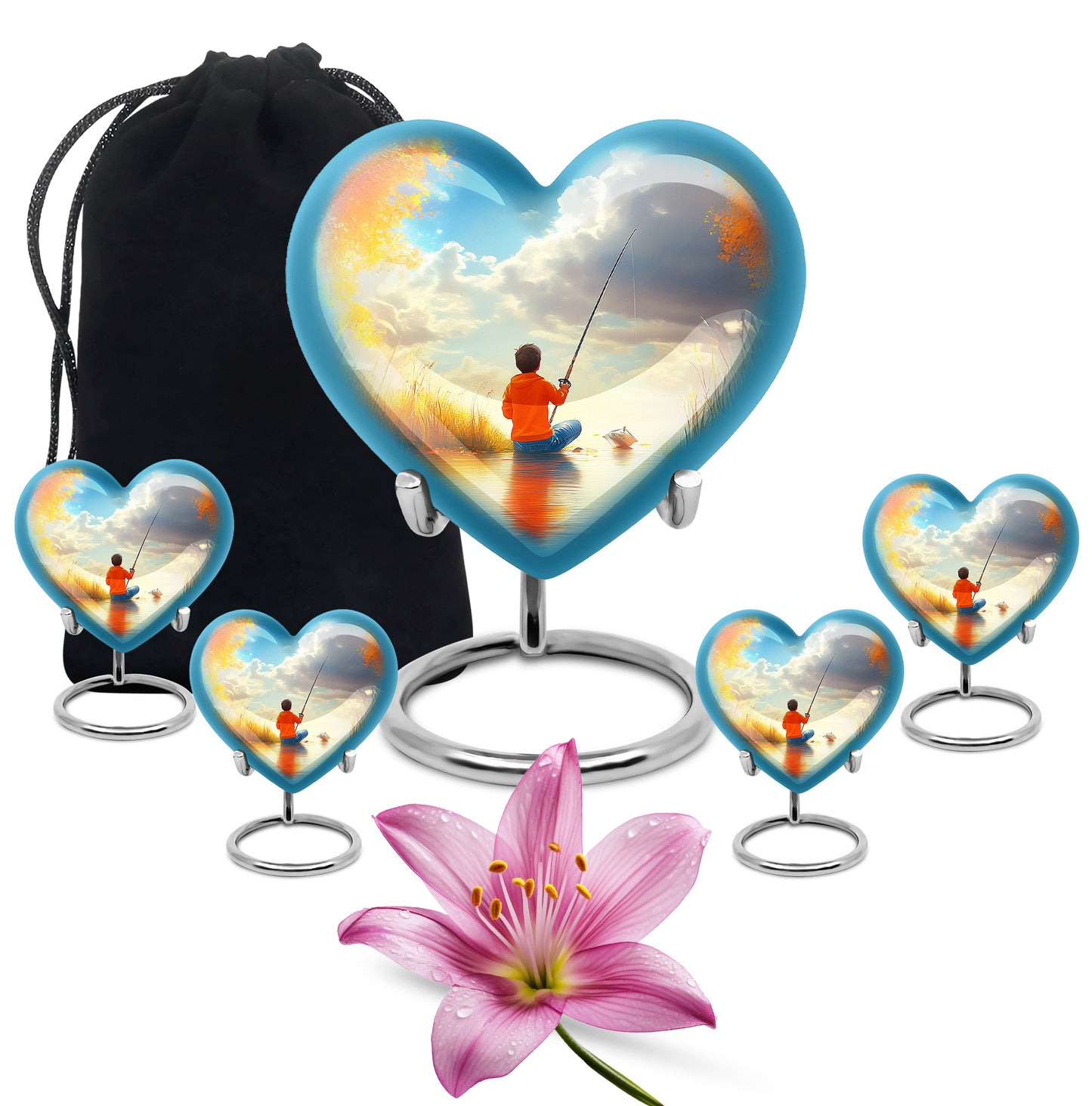 Mystic Teal Fishing Cremation Urn close-up of engraving and surface detail - romantic heart urn with fishing motif on aluminum - memorial set with one large and four small urns
