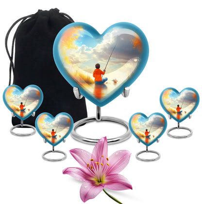 Mystic Teal Fishing Cremation Urn close-up of engraving and surface detail - romantic heart urn with fishing motif on aluminum - memorial set with one large and four small urns