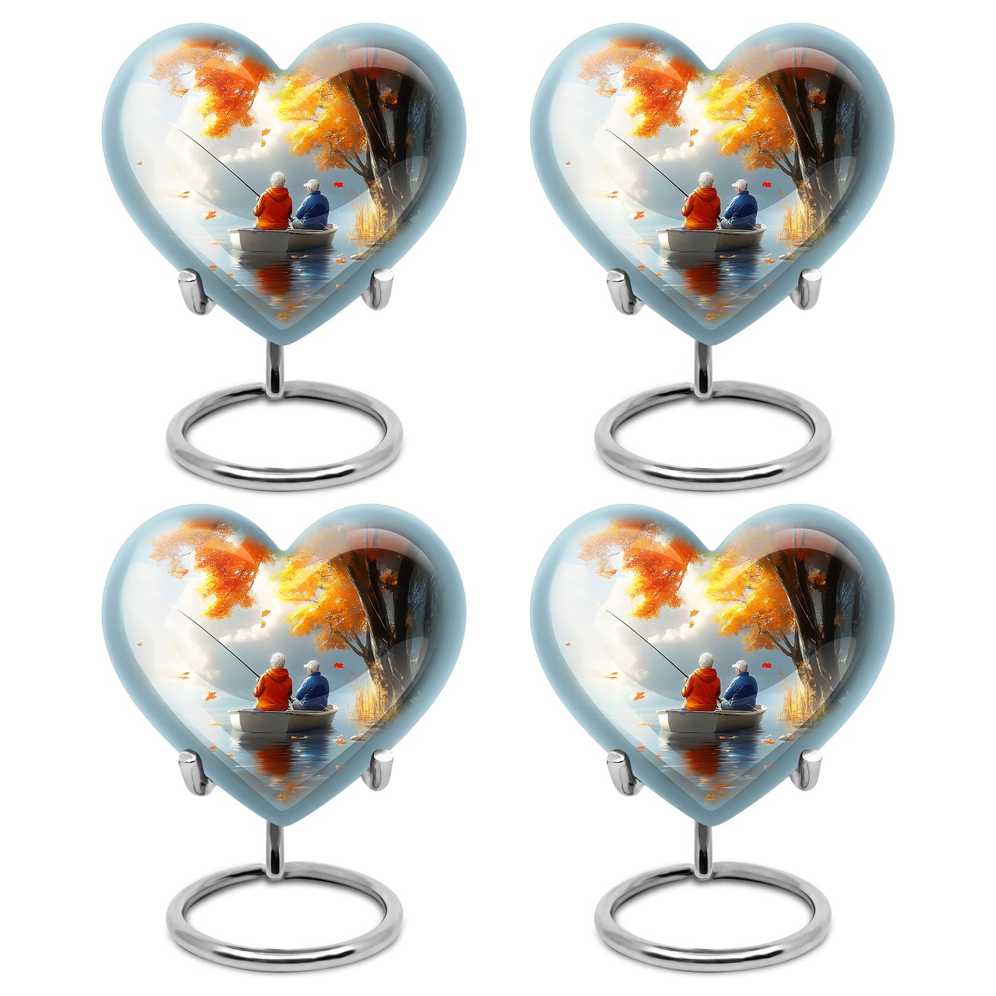 Gilded Gold Fishing Cremation Urn angled view of lid and engraved motif - heart-shaped fishing design symbolizing eternal love - 10 inch aluminum urn for cremated remains