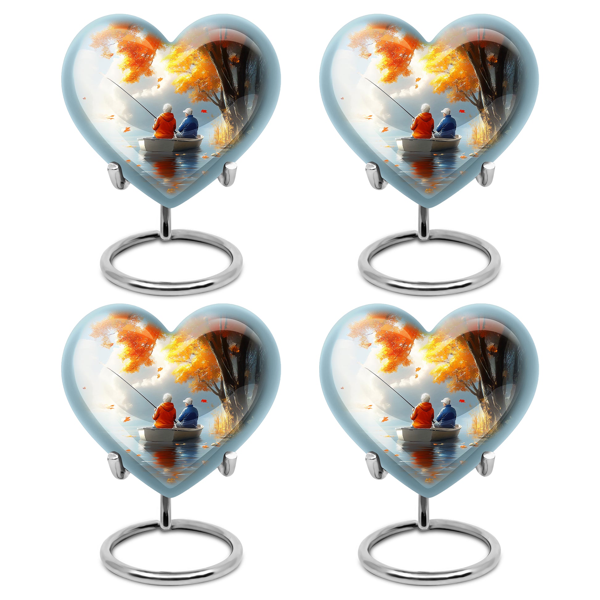 Gilded Gold Fishing Cremation Urn angled view of lid and engraved motif - heart-shaped fishing design symbolizing eternal love - 10 inch aluminum urn for cremated remains