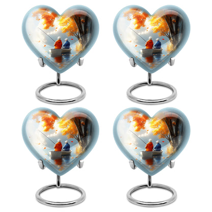 Gilded Gold Fishing Cremation Urn angled view of lid and engraved motif - heart-shaped fishing design symbolizing eternal love - 10 inch aluminum urn for cremated remains