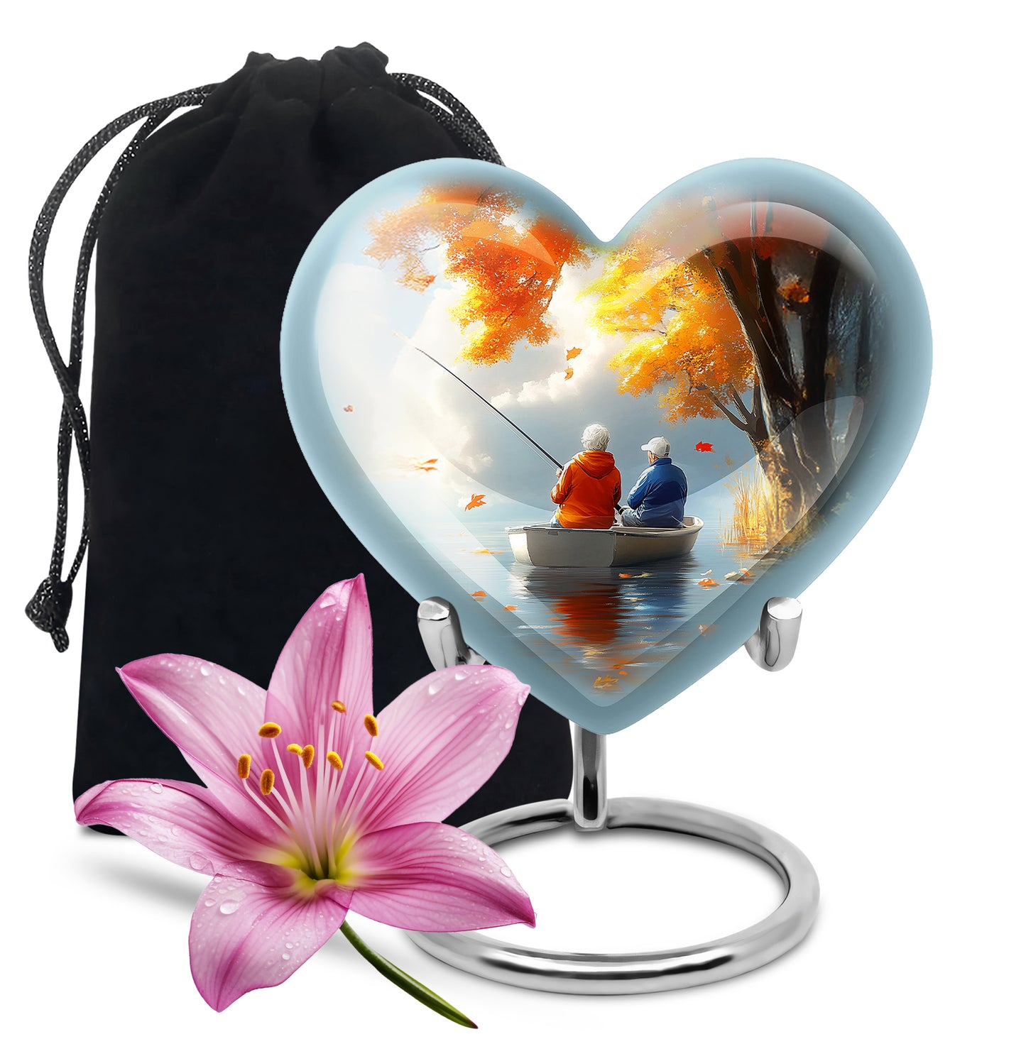 Warm Gold Fishing Cremation Urn detail view - romantic heart urn with fishing motif on aluminum - full-size 10 inch 200 cubic inch adult cremation urn