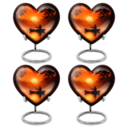 Amber Gold Fishing Cremation Urn angled view of lid and engraved motif - loving heart memorial featuring fishing pattern - 10 inch aluminum urn for cremated remains