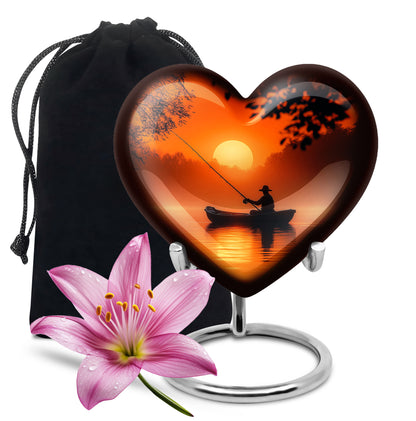 Antique Gold Fishing Cremation Urn detail view - heart-shaped fishing design symbolizing eternal love - full-size 10 inch 200 cubic inch adult cremation urn