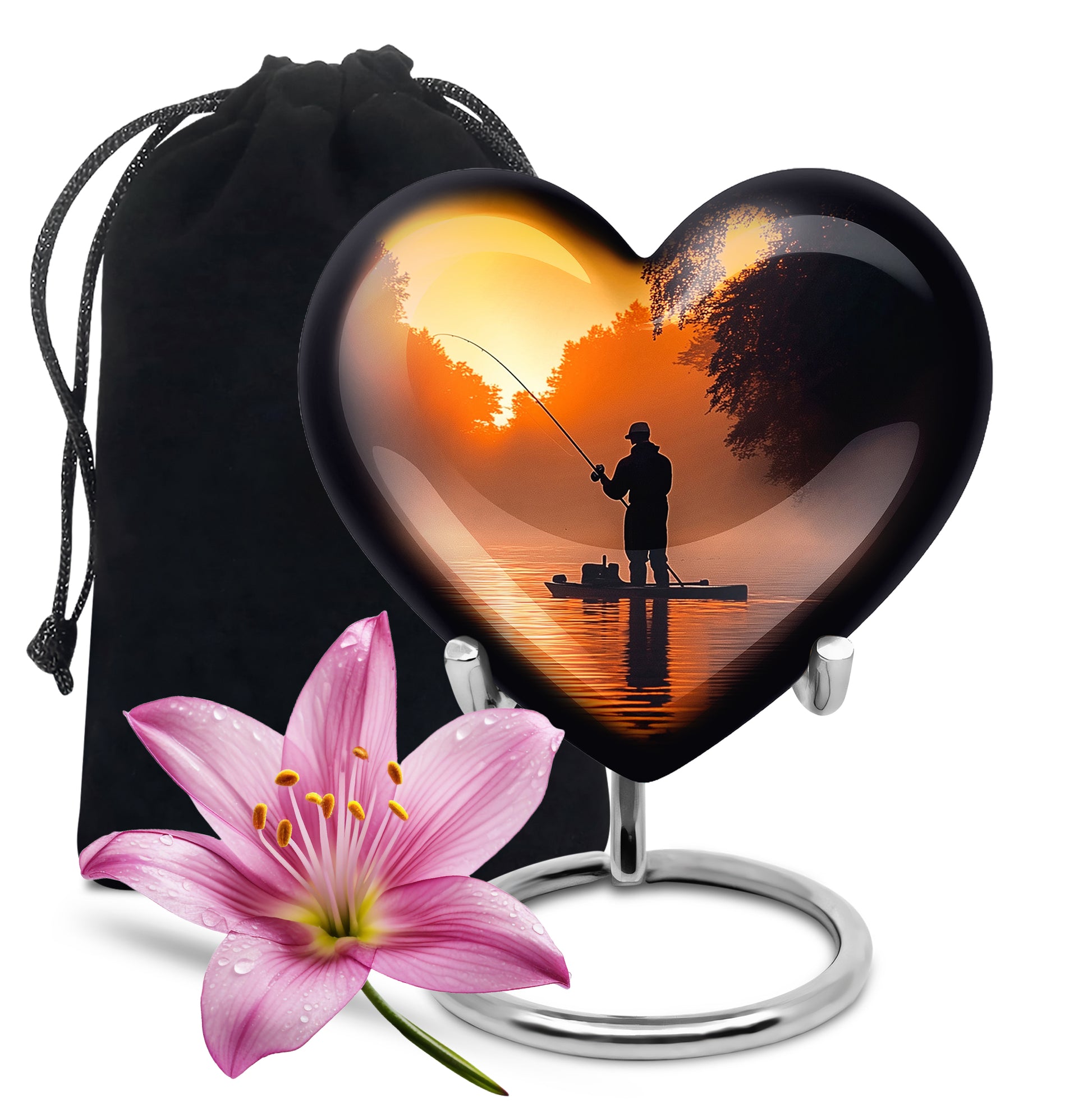Gilded Gold Fishing Cremation Urn detail view - heart-shaped fishing design symbolizing eternal love - full-size 10 inch 200 cubic inch adult cremation urn