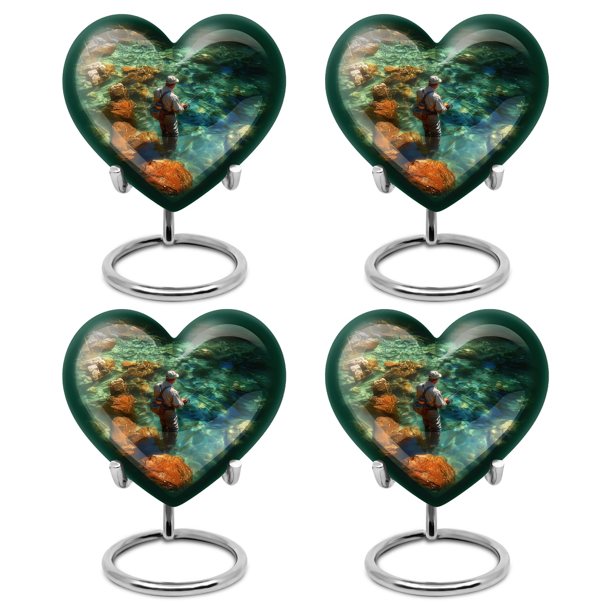 Mint Green Fishing Cremation Urn angled view of lid and engraved motif - compassionate heart-fishing combination with gentle curves - 10 inch aluminum urn for cremated remains