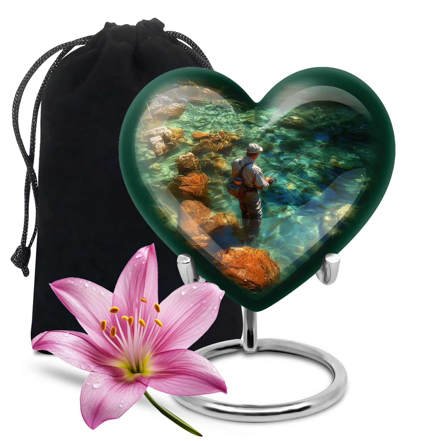 Pine Green Fishing Cremation Urn detail view - compassionate heart-fishing combination with gentle curves - full-size 10 inch 200 cubic inch adult cremation urn