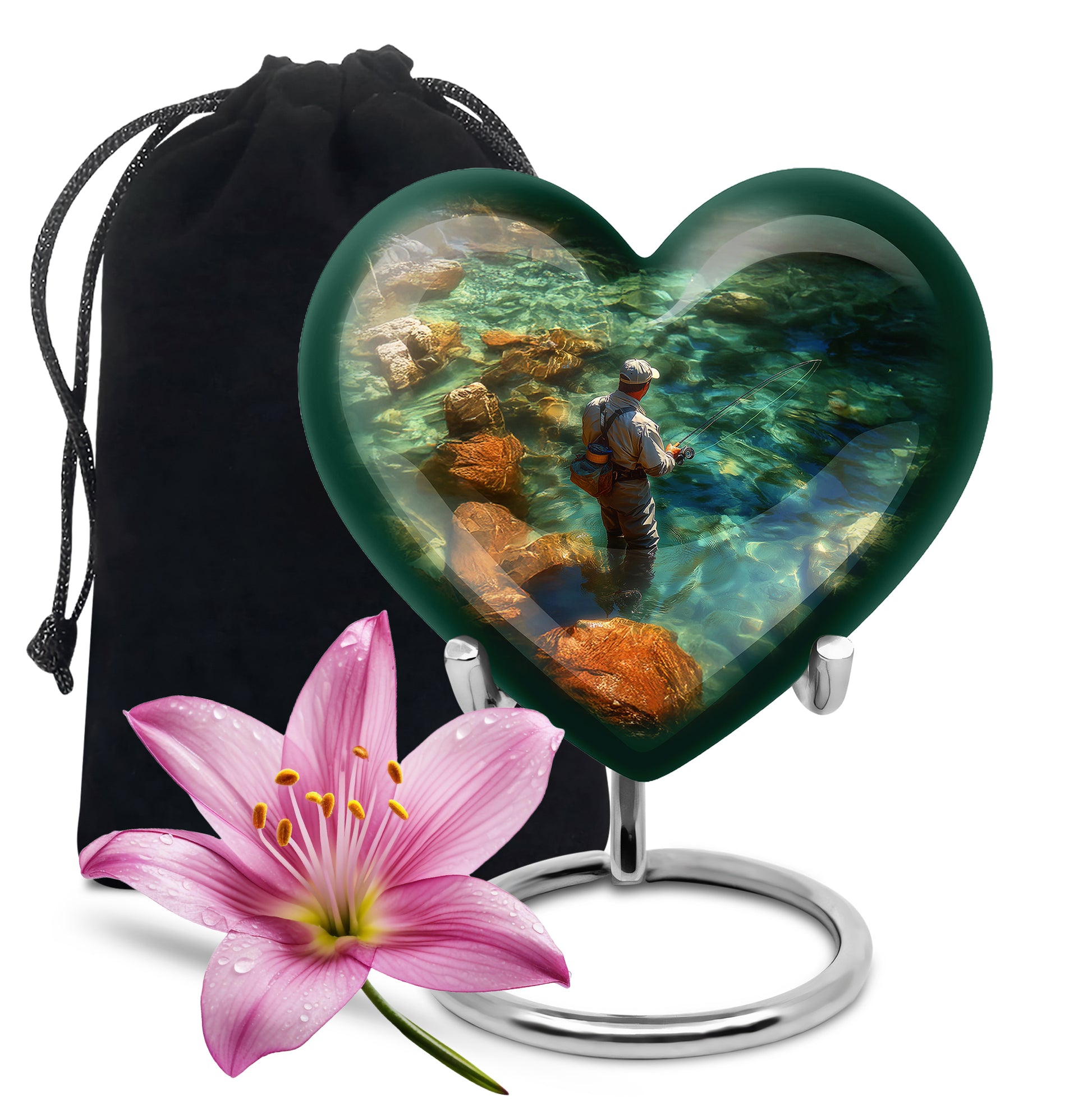Pine Green Fishing Cremation Urn detail view - compassionate heart-fishing combination with gentle curves - full-size 10 inch 200 cubic inch adult cremation urn