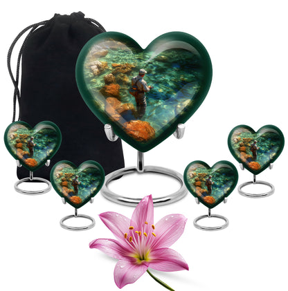 Jade Green Fishing Cremation Urn close-up of engraving and surface detail - heart-shaped fishing design symbolizing eternal love - memorial set with one large and four small urns