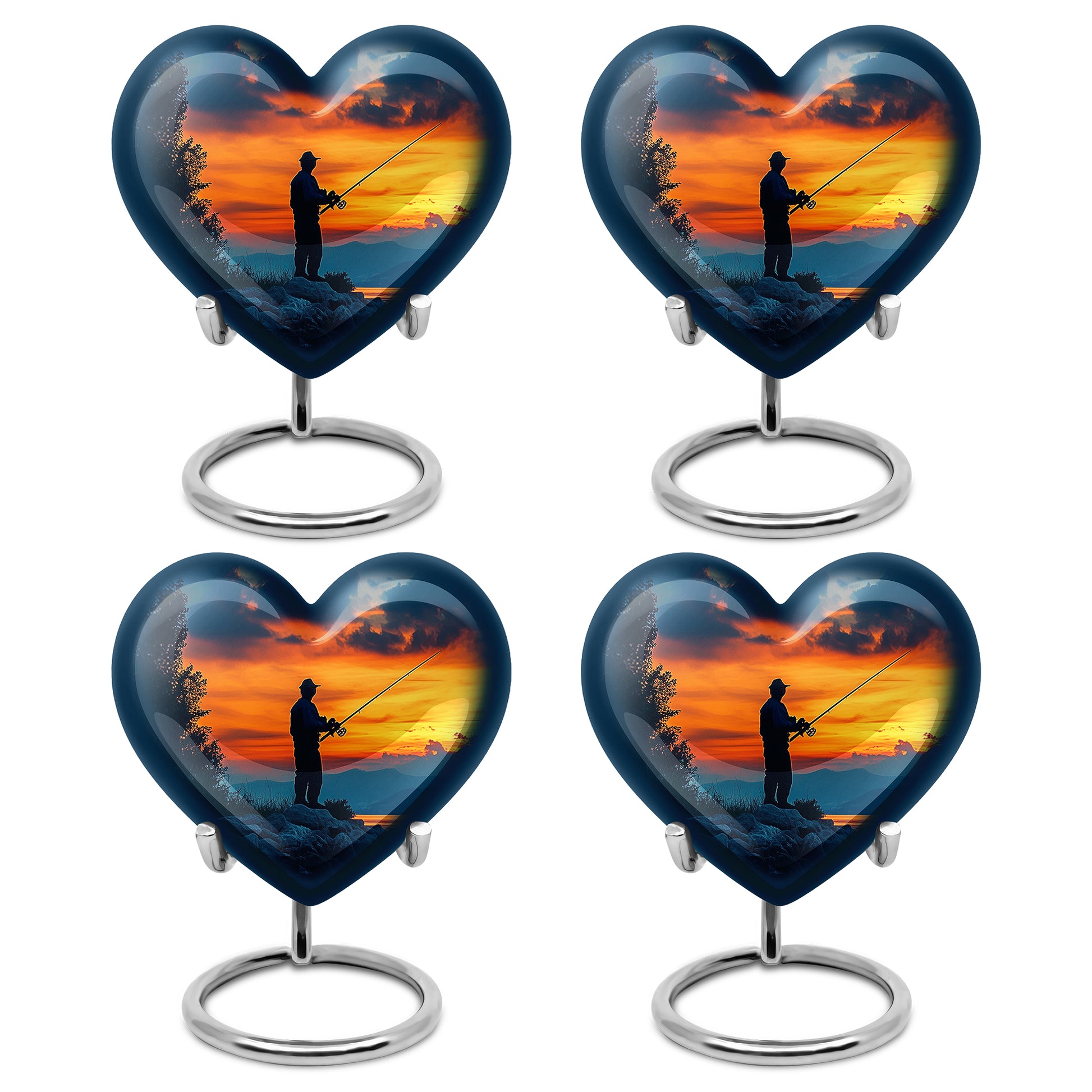 Pastel Blue Fishing Cremation Urn angled view of lid and engraved motif - heart-shaped fishing design symbolizing eternal love - 10 inch aluminum urn for cremated remains