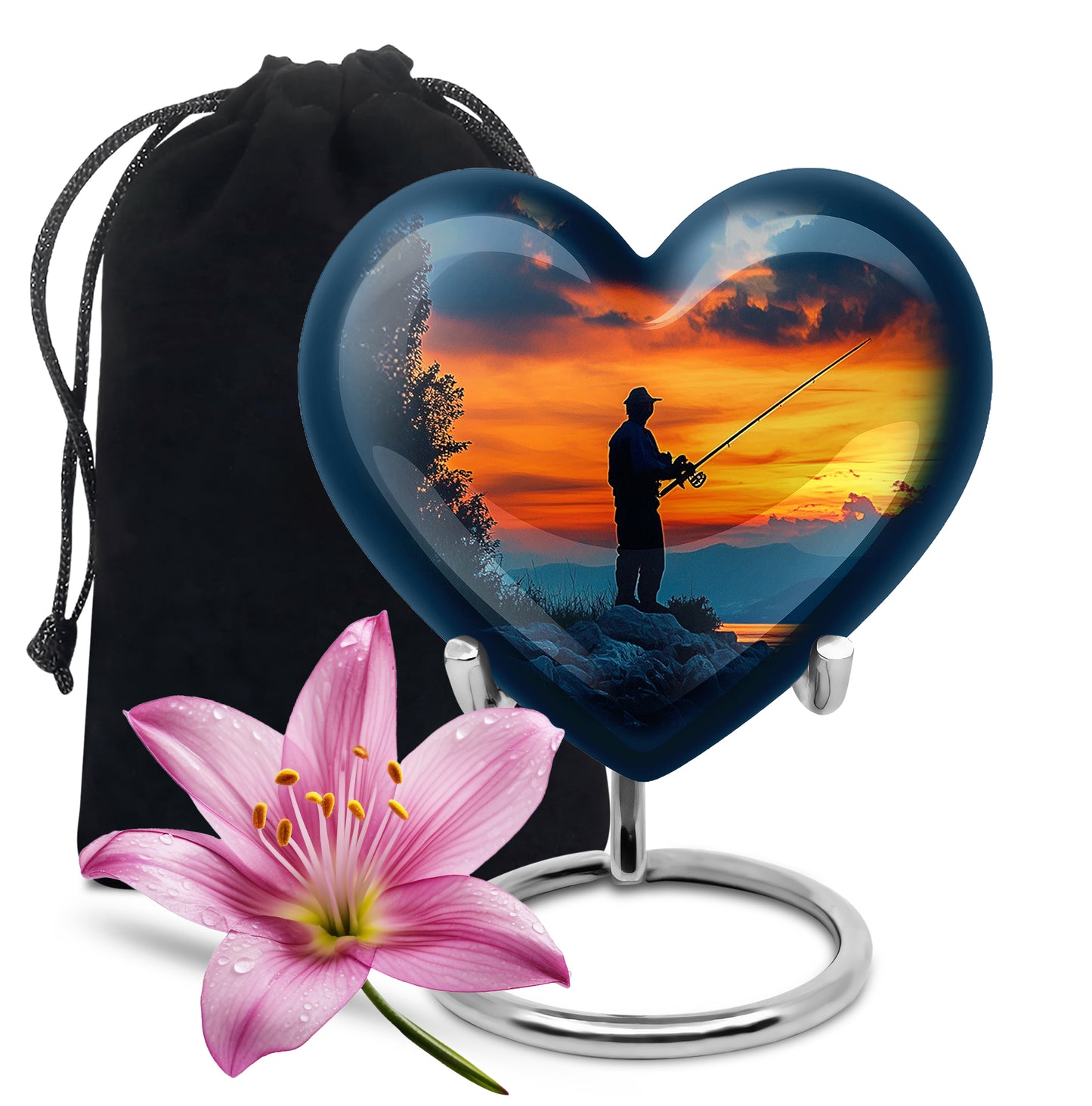 Icy Blue Fishing Cremation Urn detail view - heart-shaped fishing design symbolizing eternal love - full-size 10 inch 200 cubic inch adult cremation urn