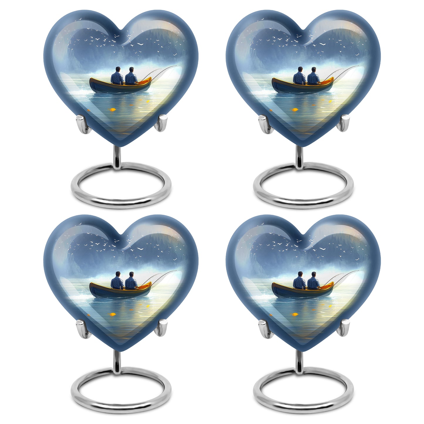 Indigo Fishing Cremation Urn angled view of lid and engraved motif - heart-shaped fishing design symbolizing eternal love - 10 inch aluminum urn for cremated remains