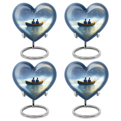 Indigo Fishing Cremation Urn angled view of lid and engraved motif - heart-shaped fishing design symbolizing eternal love - 10 inch aluminum urn for cremated remains