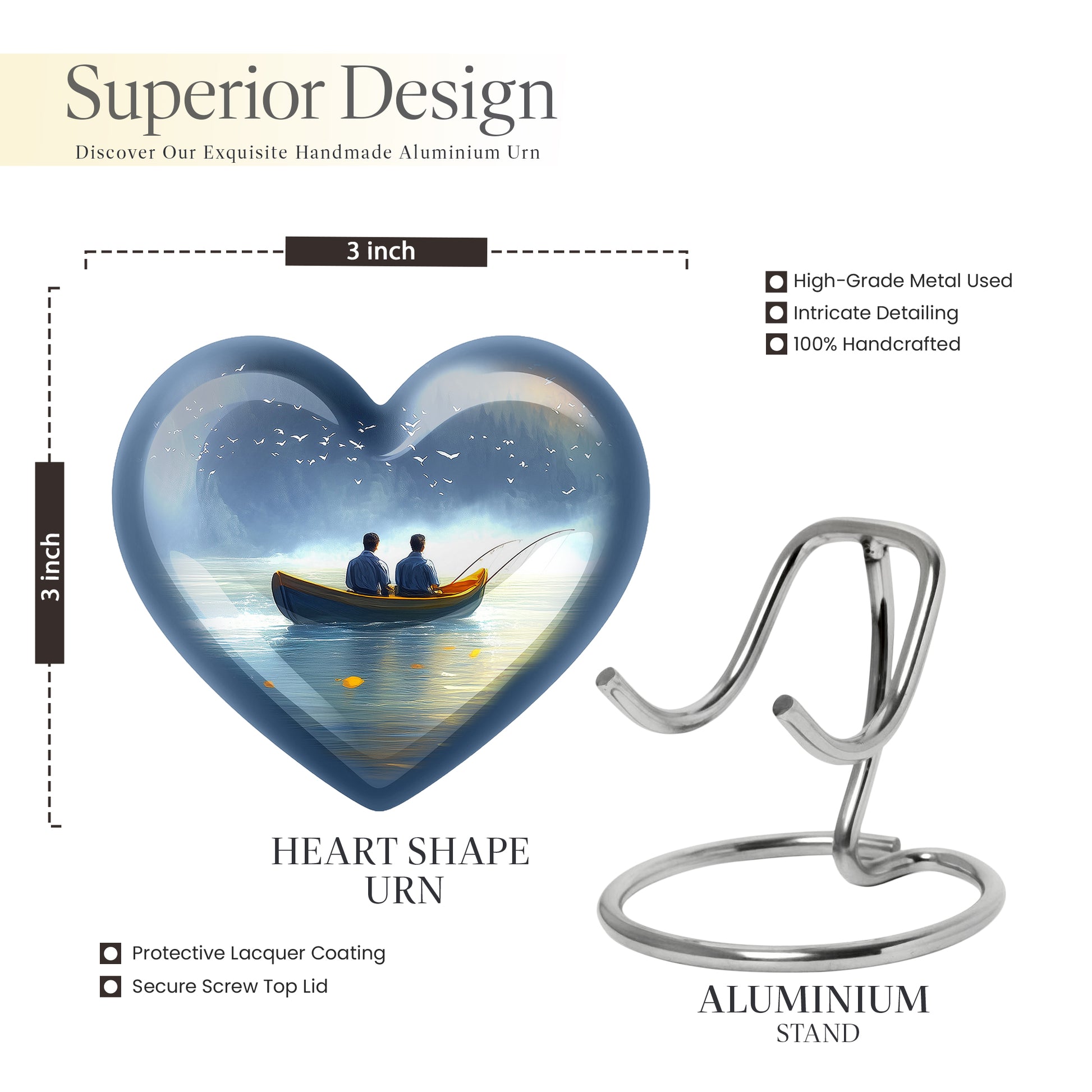 Royal Blue Fishing Cremation Urn front view showing detailed design - compassionate heart-fishing combination with gentle curves - mini keepsake memorial for portion of cremation ashes