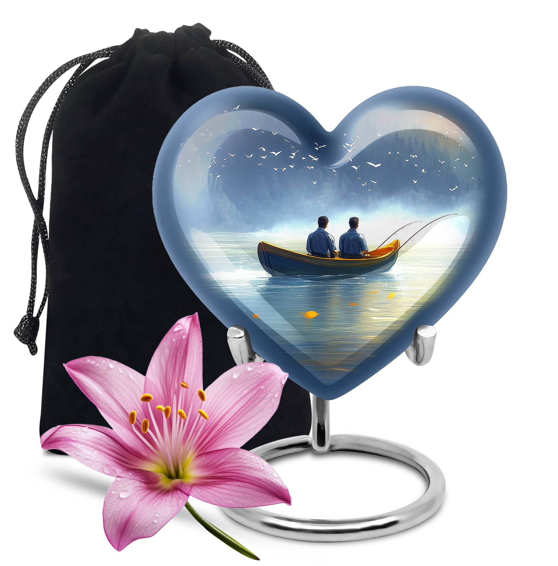 Royal Blue Fishing Cremation Urn detail view - romantic heart urn with fishing motif on aluminum - full-size 10 inch 200 cubic inch adult cremation urn