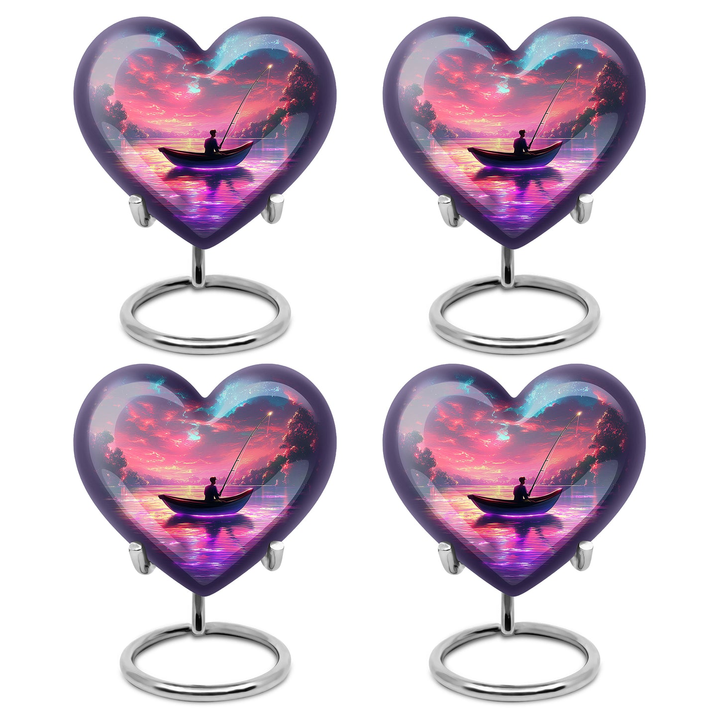 Soft Pink Fishing Cremation Urn angled view of lid and engraved motif - romantic heart urn with fishing motif on aluminum - 10 inch aluminum urn for cremated remains