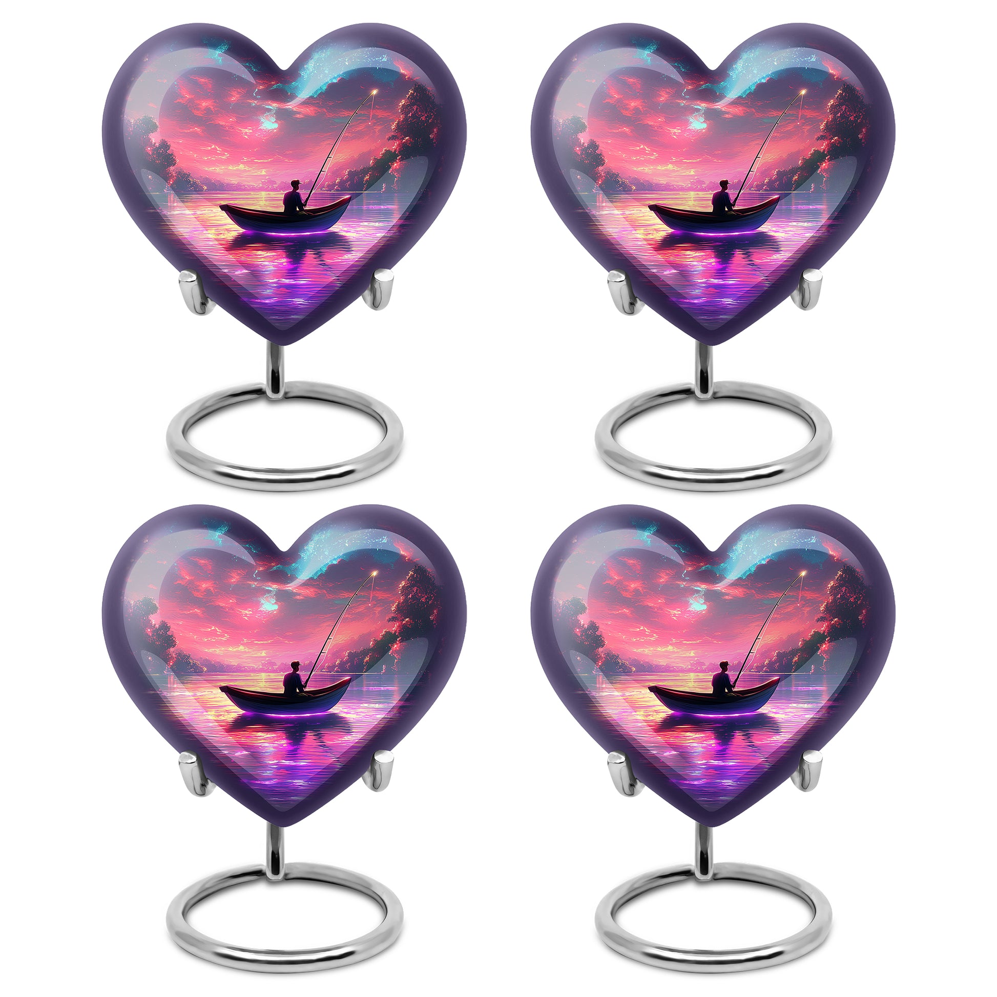 Soft Pink Fishing Cremation Urn angled view of lid and engraved motif - romantic heart urn with fishing motif on aluminum - 10 inch aluminum urn for cremated remains