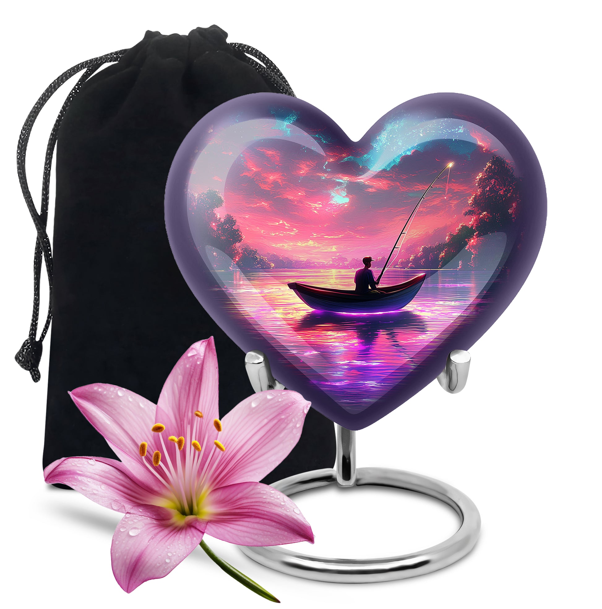Rose Pink Fishing Cremation Urn detail view - heart-shaped fishing design symbolizing eternal love - full-size 10 inch 200 cubic inch adult cremation urn