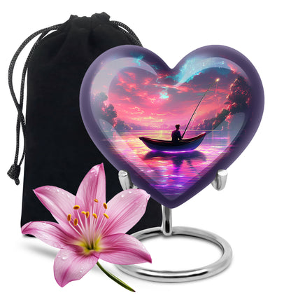Rose Pink Fishing Cremation Urn detail view - heart-shaped fishing design symbolizing eternal love - full-size 10 inch 200 cubic inch adult cremation urn