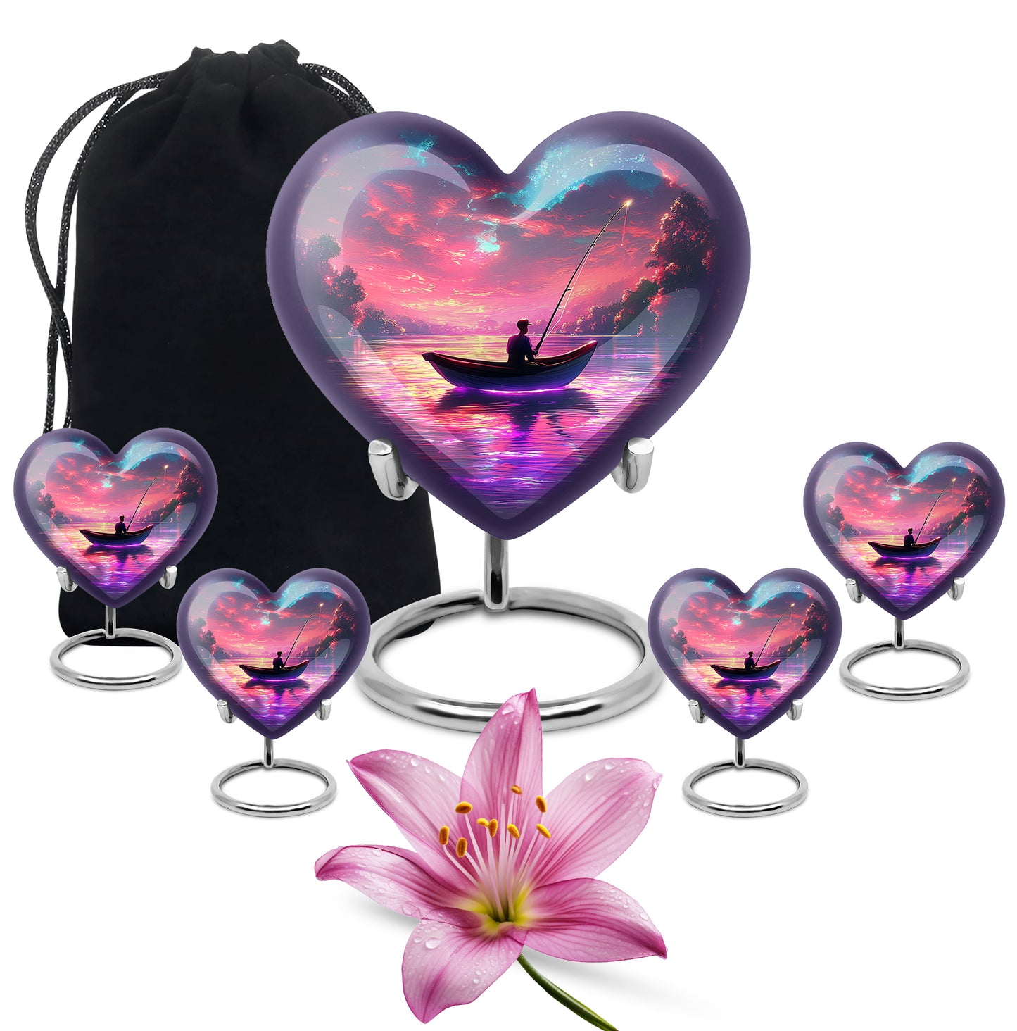 Peony Pink Fishing Cremation Urn close-up of engraving and surface detail - loving heart memorial featuring fishing pattern - memorial set with one large and four small urns